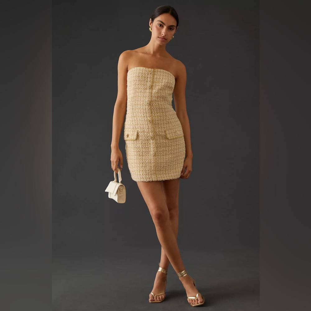 Eva Franco Strapless Tweed Mini Dress with Floral Buttons - Picture 2 of 16